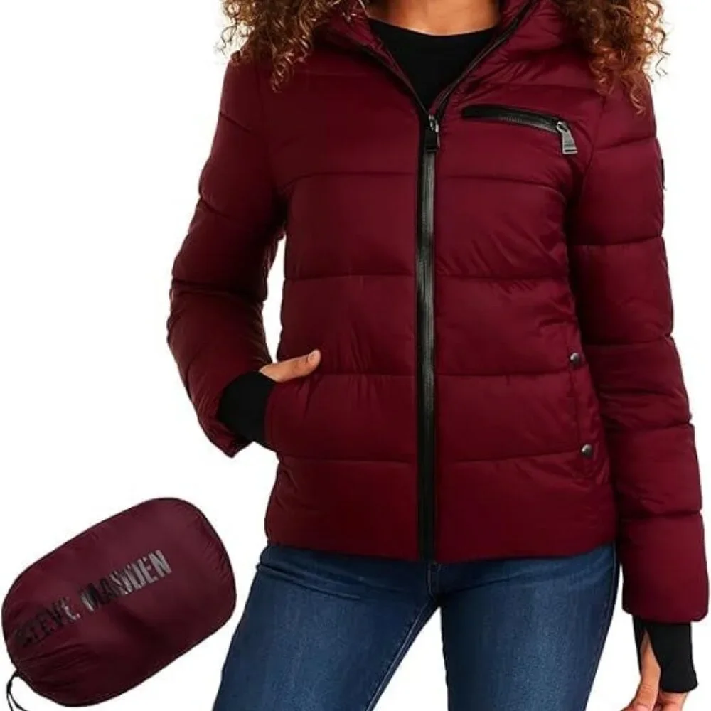 NWT STEVE MADDEN Packable Hooded Puffer Jacket Berry S
